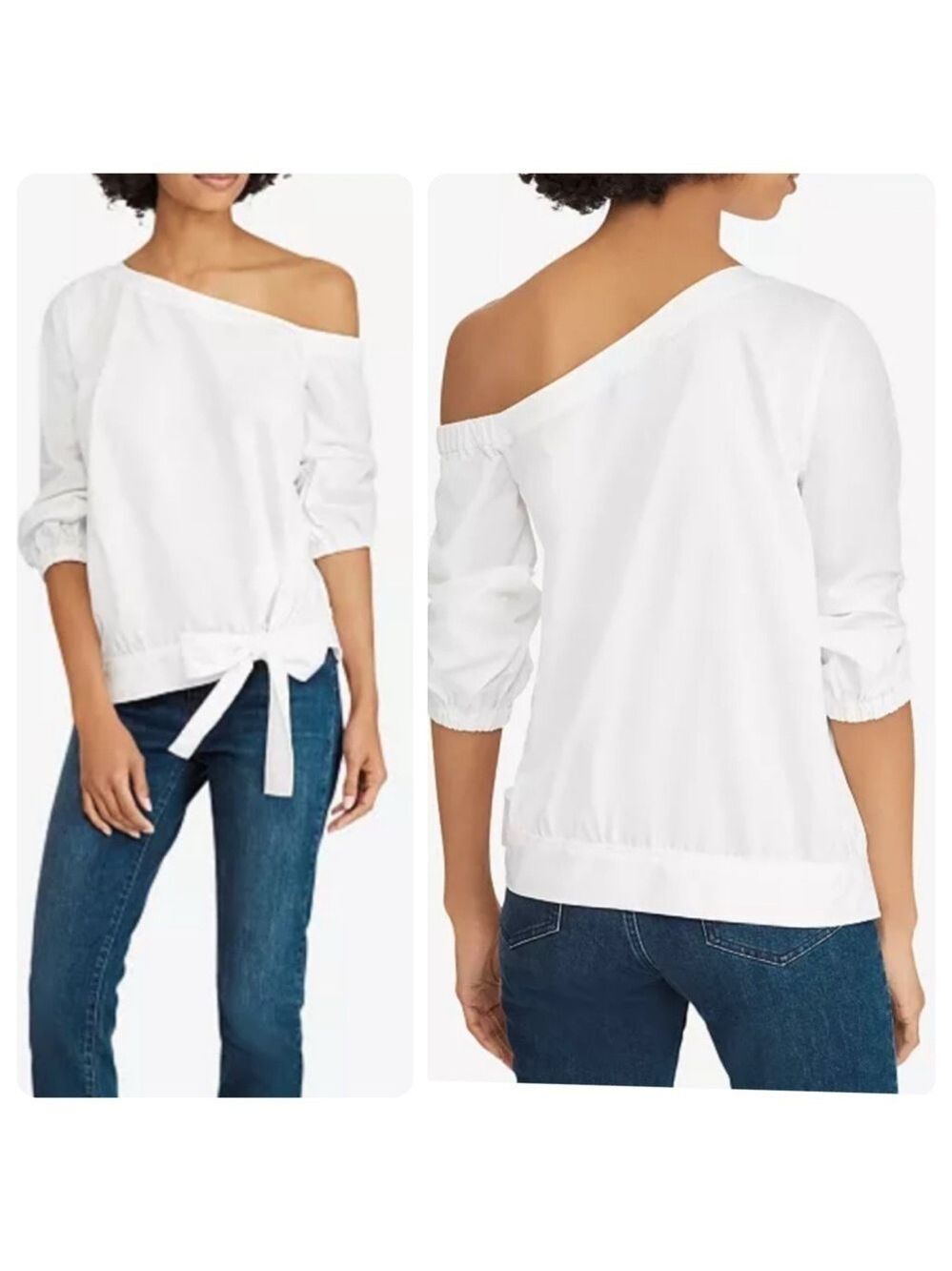 Lauren Ralph Lauren Asymmetrical Broadcloth Cotton Top Off Shoulder Blouse Sz 2X